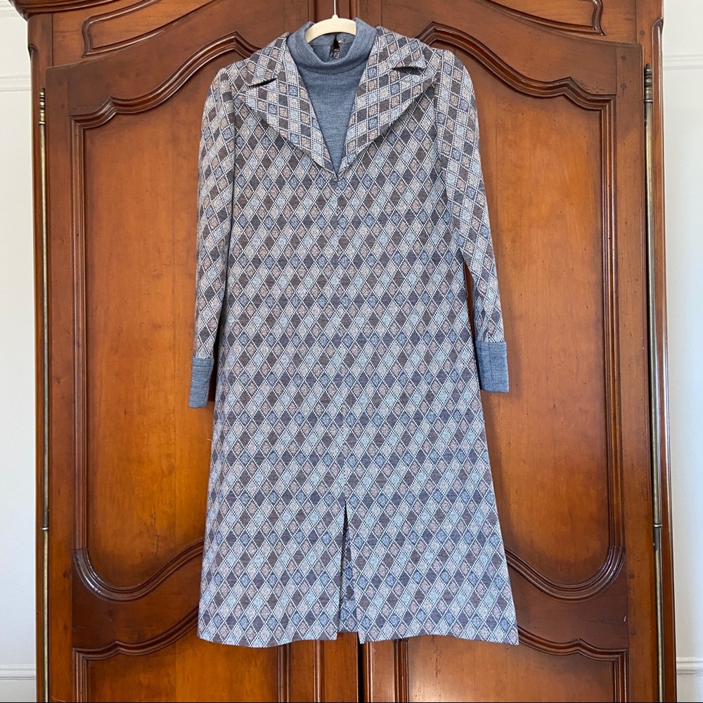 Vintage 60s 70s Lord & Taylor Mod Argyle Knit Collar Shift Dress